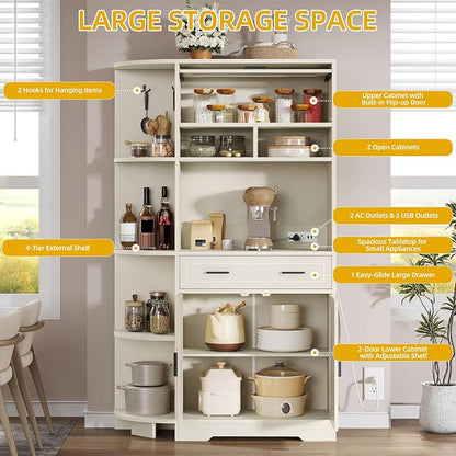 DWVO 67" Farmhouse Baker Rack with Power Outlets & Microwave Stand, White | Buffet Sideboard Cupboard Hutch with Drawer for Kitchen, Living Room, and Dining Room
