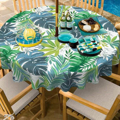 Outdoor/Indoor Round Tablecloth with Umbrella Hole Zipper, Decorative Circular Table Cover for Home Garden, 60 Inch, Islamorada Blue Green