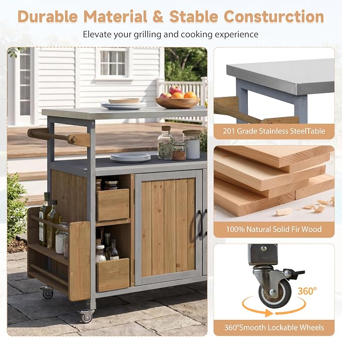 Christopher Knight Home Edsel Outdoor Bar Cart with Stainless Steel Top and Lockable Wheels, Solid Wood Outdoor Storage Cabinet, Kitchen Island Serving Cart for Poolside, Walnut Brown+Blue Gray