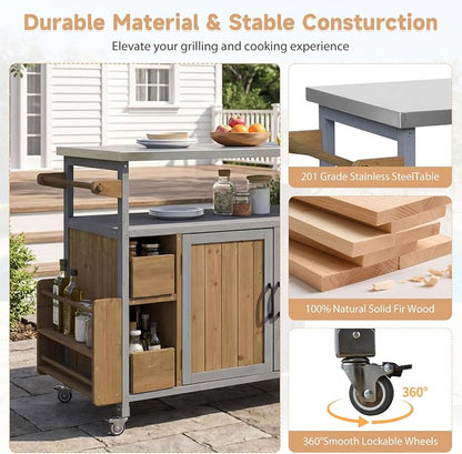 Christopher Knight Home Edsel Outdoor Bar Cart with Stainless Steel Top and Lockable Wheels, Solid Wood Outdoor Storage Cabinet, Kitchen Island Serving Cart for Poolside, Walnut Brown+Blue Gray