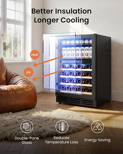 24 Inch Dual Zone Wine Fridge and Beverage Refrigerator, 63 Cans & 30 Bottles, Built-in Freestanding Under Counter Wine Cooler, UV Glass Door, Quiet Cooling, Lock, for Home Bar Office, Black