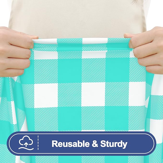 Smiry Picnic Table Cover with Bench Covers, Waterproof Elastic Fitted Tablecloths for 8 Foot Rectangle Tables, Washable Buffalo Plaid Tablecloth for Camping, Outdoor (Teal & White, 30"x72")
