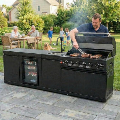 102" Outdoor Kitchen Island,Outdoor Grill,6-Burner 85000 BTU Propane Stainless Steel BBQ with Side/Rear Burners, With Refrigerator and Sink, Rotisserie, Granite Countertops, Storage