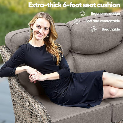 Luxury Patio Sofa 3-Seat Wicker Couch with 6" Thick Cushion - Outdoor Furniture Rattan Sofa with Deep Seating High Back for Patio Garden Balcony Sunroom Backyard, Grey | Grey