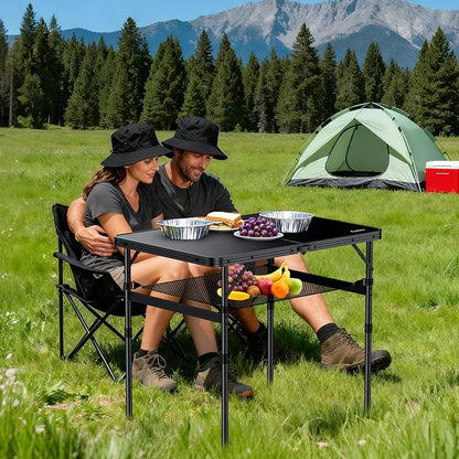 Anbte Folding Camping Table, 36" x 24" Picnic Table with Storage Net, Black | Adjustable Height Max 29.5 inch, Aluminum Alloy Small Folding Table, Lightweight, Portable Handle for Travel Outdoor Cooking