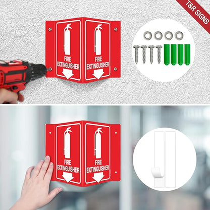 T&R Fire Extinguisher Sign, Fire Extinguisher with Down Arrow - 4 Pack - 8 x 6 Inches Glow-In-The-Dark Acrylic, 4 pre-drilled holes, Includes Matching Screws, Use for Home Office/Business