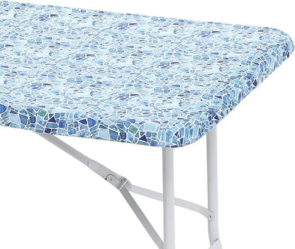 Brielle Home Easy Care Picnic Tablecloth Printed Indoor Outdoor Elastic Cotton Fabric Fitted Dining Table Cover, 30"x72" Rectangle, Blue Mosaic