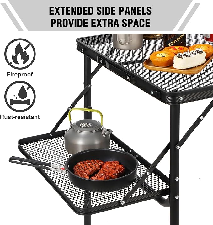 Folding Grill Table with Extension Space, Adjustable Height Portable Large Stand Camp Table for Outdoor Indoor Camping Picnic BBQ, Black with Side Panels