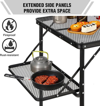 Folding Grill Table with Extension Space, Adjustable Height Portable Large Stand Camp Table for Outdoor Indoor Camping Picnic BBQ, Black with Side Panels
