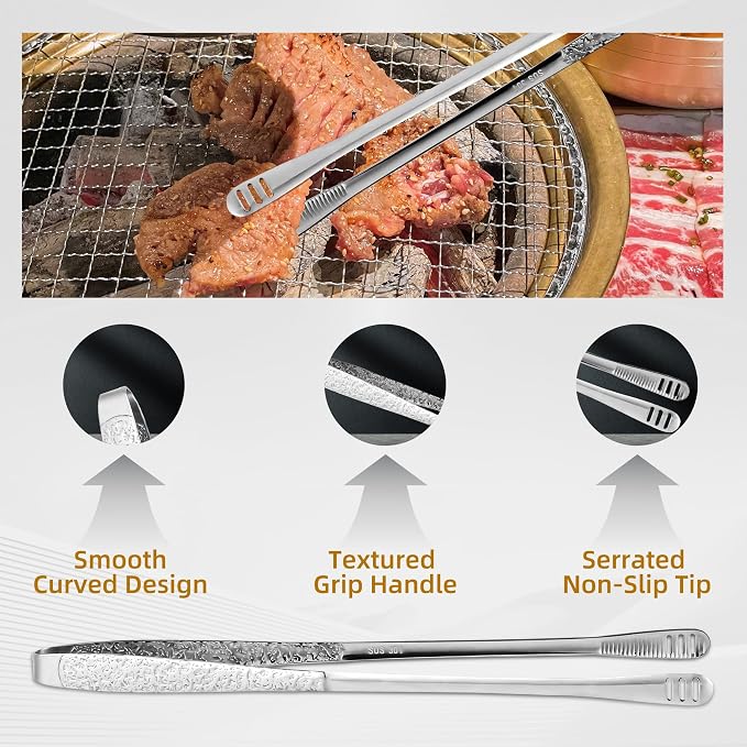 4Pcs 11-Inch Stainless Steel Korean BBQ Grill Tongs, Japanese Barbecue Tongs for Cooking, Portable Kitchenware for Home, Outdoor, Steak, Salad, Food