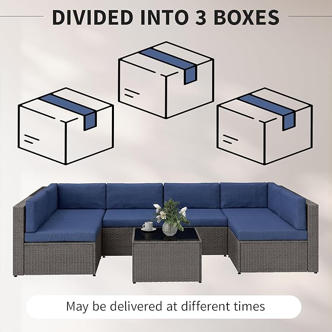 Outsunny 7 Piece Patio Furniture Set, Wicker Outdoor Sectional Sofa Set, All Weather PE Rattan Outdoor Furniture Conversation Sets with Cushions, Glass Top Coffee Table, Dark Blue