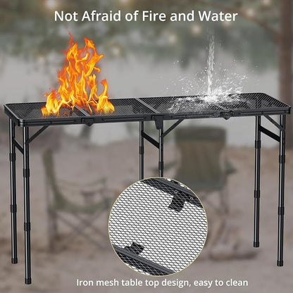 Anbte 4-Fold Grill Table, 3 Adjustable Height Max 27.5", 46" X 16", Black | Aluminum, Heat-Resistant Mesh Tabletop, Portable Handle, Waterproof Grill Side Table , for Outdoor Cooking Patio BBQ Picnic