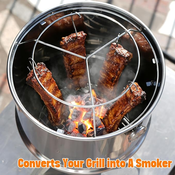 onlyfire Stainless Steel Cooking Smoking Attachment, Rib Hanging System | Fits for 14" Kettle Grills, Turns Your Kettle into Smoker