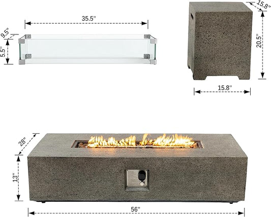 56-inch Rectangle Propane Gas Fire Pit Table, CSA Certified 50,000 BTU Outdoor Fireplace for Backyard, Porch, Garden (Grey, Fire Pit with Wind Guard&Tank)