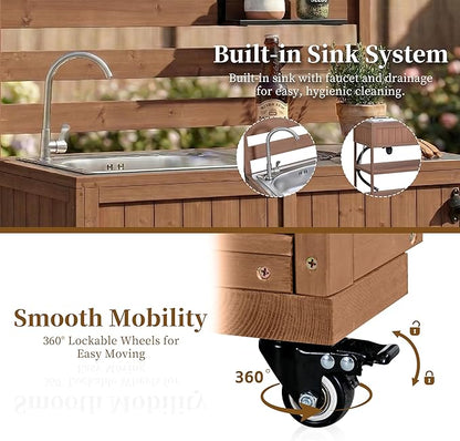 RUNNA 4-Piece Outdoor Rolling Kitchen Island with Sink w/Faucet, Solid Wood Grill Table with Storage Cabinets, Drawers, Stainless Table Top and Movable Shelves for Garden (Brown#38)