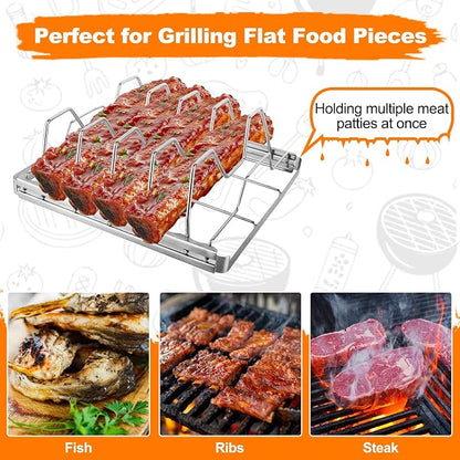 Rib Rack for Smoking and Grilling, Smoking-holds Up to 4 Full Racks of Ribs for Standing Rib Roast, Stainless Steel Meat Resting Rack for Outdoor Grill Camping Picnics Barbecue Grills and Smokers