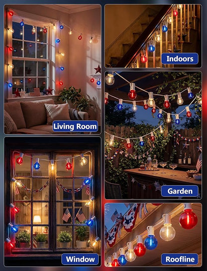 25Ft G40 LED Red White and Blue String Lights Outdoor,4th of July Decoration Lights with 27 LED Shatterproof Globe Bulbs, Hanging Patio Patriotic String Lights for Backyard Party Independence Day