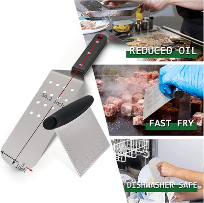 Griddle Accessories Set of 5, Leonyo Stainless Steel Grill Griddle Tool Set- Metal Spatula for Flat Top Hibachi Teppanyaki Kitchen Cooking, Riveted Grip, Dishwasher Safe, S Hooks, Indoor Outdoor