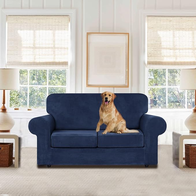 WEERRW Velvet Stretch 3 Pieces Couch Cover for Sofa Washable, Navy Blue | Love Seat Couch Covers for 2 Cushion Couch Sofa Furniture Protector slipcoves with Elastic Bottom for Kids, Medium