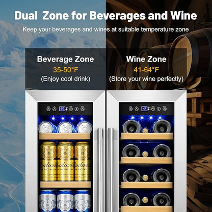 24" Dual Zone Wine and Beverage Refrigerator, Under Counter/Freestanding | 20-Bottle & 90-Can large capacity, Upgraded cooling performance, Digital temp display, Energy efficient, Home bar kitchen