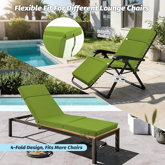 2 Pcs Outdoor Chaise Lounge Cushion 72" x 21" x 3", 4-Section Folding Patio Lounge Chair Cushion with Ties, Waterproof & Fade Resistant Replacement Cushion for Pool, Patio, Deck (Green, 2 Pcs)