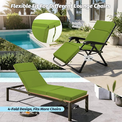 2 Pcs Outdoor Chaise Lounge Cushion 72" x 21" x 3", 4-Section Folding Patio Lounge Chair Cushion with Ties, Waterproof & Fade Resistant Replacement Cushion for Pool, Patio, Deck (Green, 2 Pcs)
