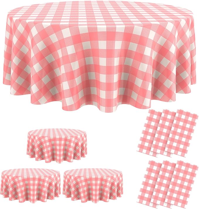 Disposable Checkered Tablecloth Round Plastic Buffalo Plaid Table Cloth 84'' Gingham Tablecover for Picnic Camping BBQ Graduation Party(Pink and White,6 Pieces)