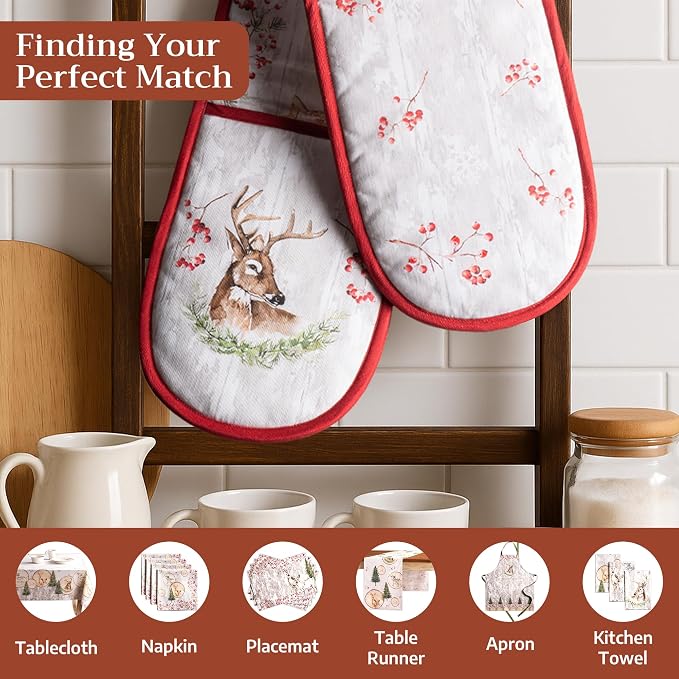 Maison d' Hermine Double Oven Mitts 100% Cotton Double Oven Glove (7"x35") | Heat Resistant BBQ Cooking Gloves with Loop Baking Kitchen Home Hotel Farmhouse Thanksgiving Christmas - Mountain Life