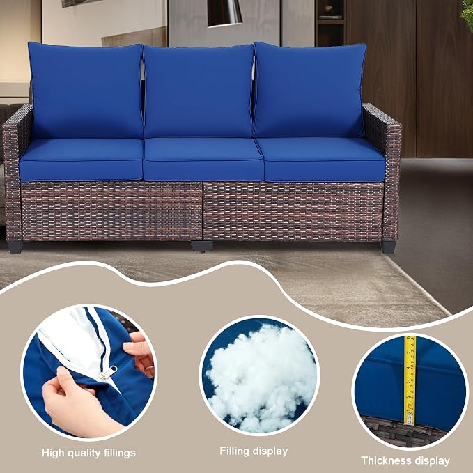 3-Seat Outdoor Sofa, PE Rattan, Blue | High Back Support,Deep Seat Comfort,All-Weather Cushions,For Patio/Garden/Deck,Modern Style