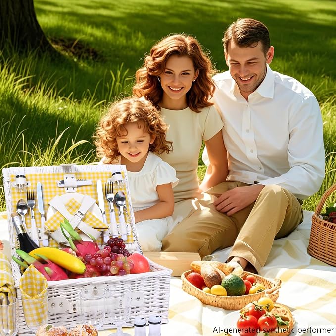 Wicker Picnic Basket Set for 4, Blanket, Cooler Bag, Yellow Grid | Four-Person Wicker Set Includes Tableware, Insulated Food Storage and Waterproof Blanket for Parks, Camping, Dates and Gifts