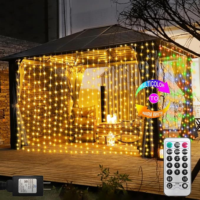600 LED Curtain Lights 20Ftx10Ft Dual Color Changing Lights with Remote | Timer Curtain Lights Connectable Plug in Outdoor Waterproof for Bedroom Backdrop Wedding Party Decor, Warm White & Multicolor