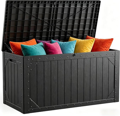 Outdoor Storage Box, 95 Gallon Deck Box Outdoor Storage Bench, Outside Waterproof Resin Storage Bench, Lockable Patio Cushions, Garden Tools Storage for Furniture, UV Resistant (Black)