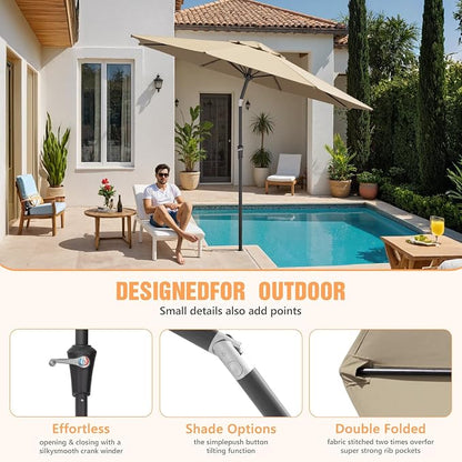 Outdoor Patio Umbrella, Table Umbrella with Push Button Tilt and Crank, 8 Ribs Market Umbrella