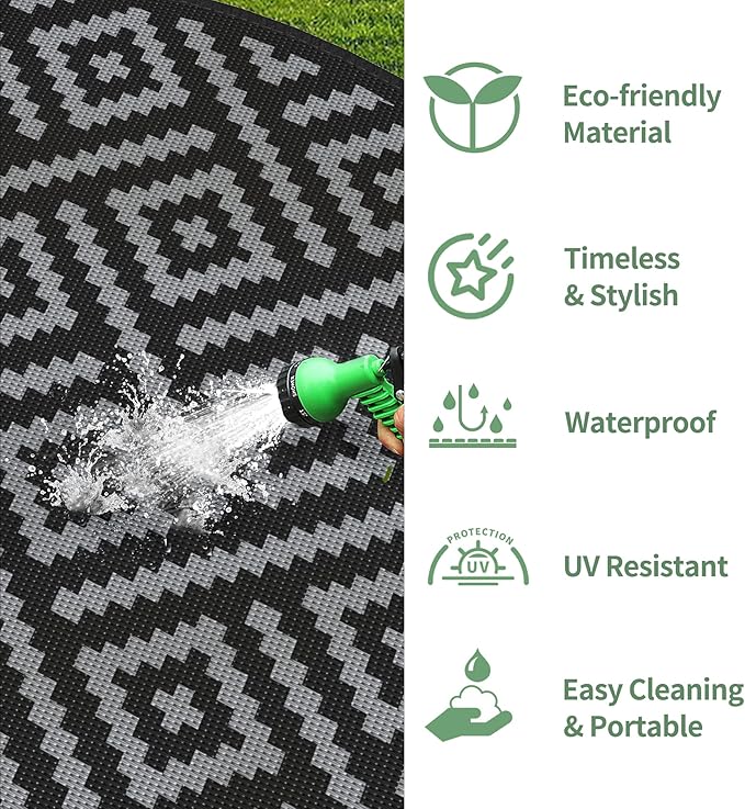 GENIMO Outdoor Rug, Waterproof Plastic Rugs for Patio, 10' Round Black Grey | Outside Larger Modern Carpet Mat for Deck Decor, Porch, Balcony, Backyard, Camping, Picnic, Beach, RV, Reversible, Foldable