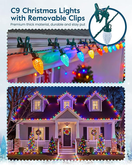 Minetom C9 LED Christmas Lights Outdoor, 81Ft 100 LED String Lights with Quick Clips, Extendable Waterproof Outdoor Christmas Decorations, Multicolor