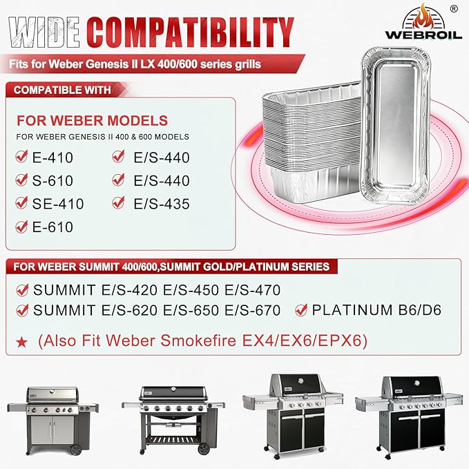 40 Packs 6498 6417 Grease Catcher Pans for Weber Genesis II 400& 600, Aluminum Foil Tray Liners for Weber 28''/36" Gas Griddle, for Weber 400/600 Summit Series Smokefire Ex6 EpX6 Ex4 Gas Grill