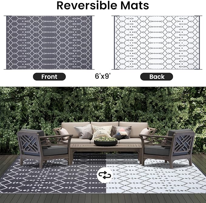 Smiry Outdoor Rug 6x9 ft Waterproof Reversible Boho Mat, Grey | Polypropylene Plastic Straw, Quick Drying, Lightweight Foldable, for Patio, Deck, RV Camping, Backyard and Indoor Outdoor Use