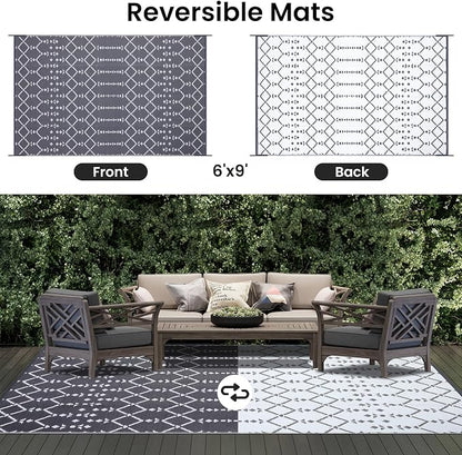 Smiry Outdoor Rug 6x9 ft Waterproof Reversible Boho Mat, Grey | Polypropylene Plastic Straw, Quick Drying, Lightweight Foldable, for Patio, Deck, RV Camping, Backyard and Indoor Outdoor Use