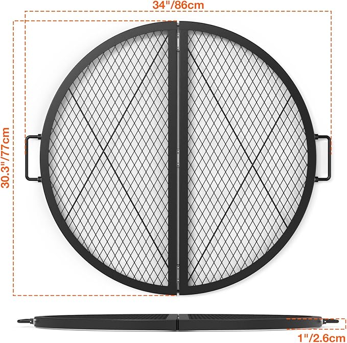 only fire X-Marks Fire Pit Cooking Grate, Foldable Round Grate for Outdoor Cooking, Heavy Duty Steel Campfire BBQ Grill Grid with Handle, Portable Camping Cookware, 30 inch