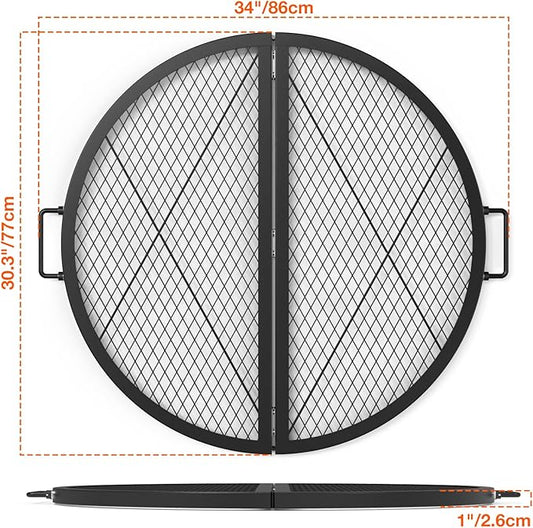 only fire X-Marks Fire Pit Cooking Grate, Foldable Round Grate for Outdoor Cooking, Heavy Duty Steel Campfire BBQ Grill Grid with Handle, Portable Camping Cookware, 30 inch