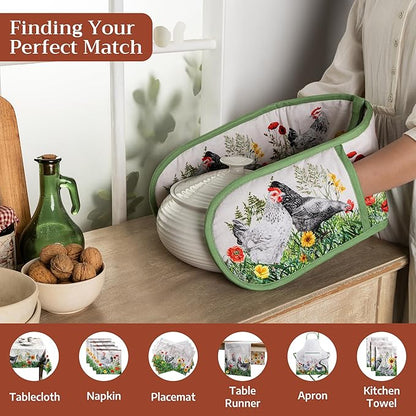 Maison d' Hermine Double Oven Mitts 100% Cotton 7"x35" Double Oven Mitt Heat Resistant BBQ Cooking Gloves with Loop Baking Grilling Kitchen Hotel Home Farmhouse Spring Summer (Basse Cour)