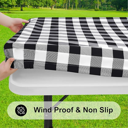 Smiry Rectangle Picnic Table Cloth, Elastic Waterproof Fitted Vinyl Tablecloths, Flannel Backed Buffalo Plaid Table Covers for Dining, Camping, Outdoor (Black and White, 24" x 72")