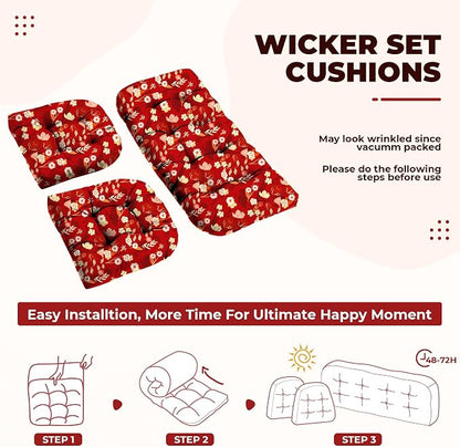 DANGHOOGY Wicker Chair Cushions, Waterproof Outdoor Loveseat Cushions for Patio Furniture, Tufted Wicker Furniture Cushions, 1 Loveseat and 2 U-Shaped Cushions (Black Floral)