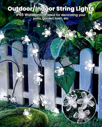 Brightown 60 LED Flower Solar String Lights Outdoor Waterproof, Fairy Lights for Garden Yard Fence Patio Christmas Tree Wedding Party Decor, White, 2 Pack