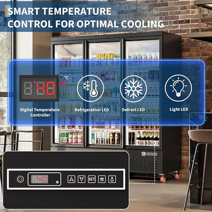 52.9 Cu.Ft Commercial Display Refrigerator,Glass Door Beverage Cooler with Adjustable Shelves,LED Lighting & Advertising Panel, Mobile Design,