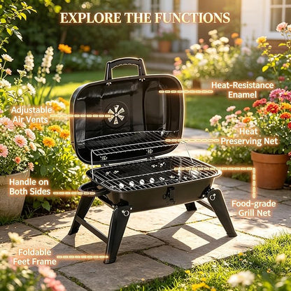 Small Charcoal Grill Outdoor, Portable Charcoal Grills, Tabletop Outdoor Barbecue Smoker, BBQ Grill for Outdoor Cooking Backyard Camping Picnics Beach