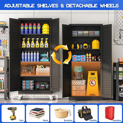 GAIOUS 71” Metal Garage Storage Cabinet with Lock and Wheels, Metal Storage Cabinet with Louvered Door and 4 Adjustable Shelves, Rolling Tool Cabinet, Utility File Cabinet for Home Office -Black