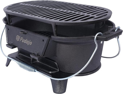 Oval Cast Iron Grill Outdoor, Portable Charcoal Grill & Tabletop Cast Iron Skillet, Durable Small Charcoal Grill for Camping Stove, Hibachi Grill, BBQ Grill Charcoal, Outdoor Grills & Smokers,A1