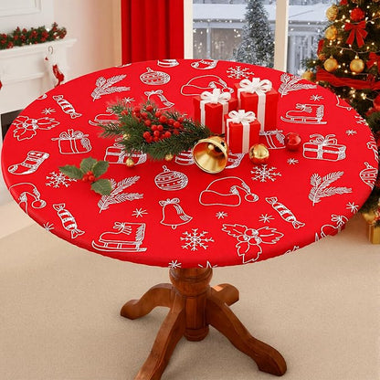 Smiry Round Spandex Tablecloth, Elastic Fitted Washable Tablecloths for 57"-68" Tables, Waterpoof Stretch Picnic Table Cover for Dining, Indoor and Outdoor, Holly Berry & Gift