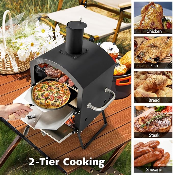 COSTWAY Picnic Outdoor Pizza Oven, Wood Fire Stone with Peel, Waterproof Cover, Fold-up Legs, Portable Stainless Steel Pizza Maker for Camping, Black + Silver
